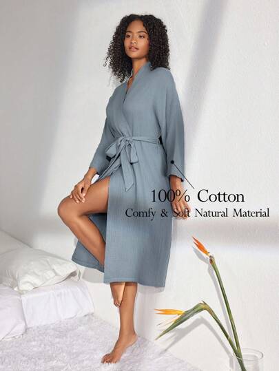 Ocili Leisure Comfy & Breathable Lightweight Crinkle Cotton Gauze Lounge Robe - Gray Blue