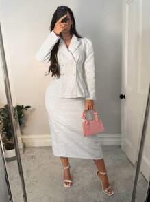 SHEIN SXY Bộ vest vest tay lỡ đệm thanh lịch và chân váy chữ A, Thu/Đông - trắng - Xem 1