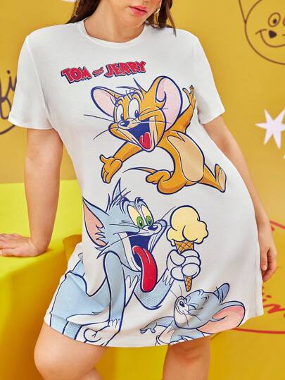 TOM & JERRY X SHEIN Plus Size Cartoon & Letter Print Short Sleeve Comfy Sleep Dress, Summer, Moo Moo