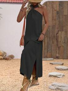 SHEIN LUNE Đầm Maxi Cổ Halter Thắt Nút Màu Trơn Cho Kỳ Nghỉ Hoặc Giải Trí Trang Phục Nữ - màu đen - Xem 1