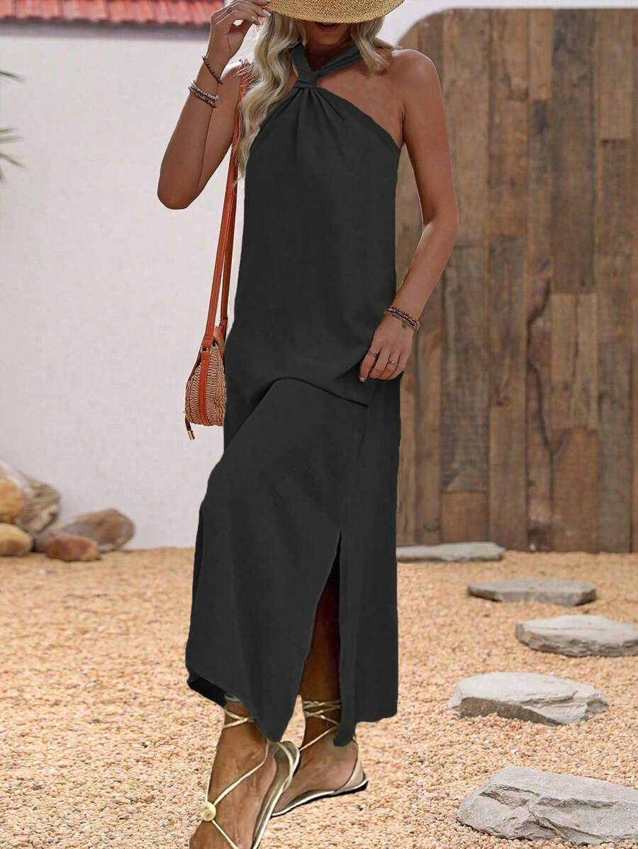 SHEIN LUNE Đầm Maxi Cổ Halter Thắt Nút Màu Trơn Cho Kỳ Nghỉ Hoặc Giải Trí Trang Phục Nữ - màu đen - Xem 1