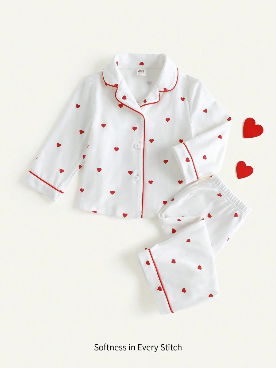 Cozy Pixies 2 件装女婴心形图案撞色翻领开衫和休闲裤家居服套装