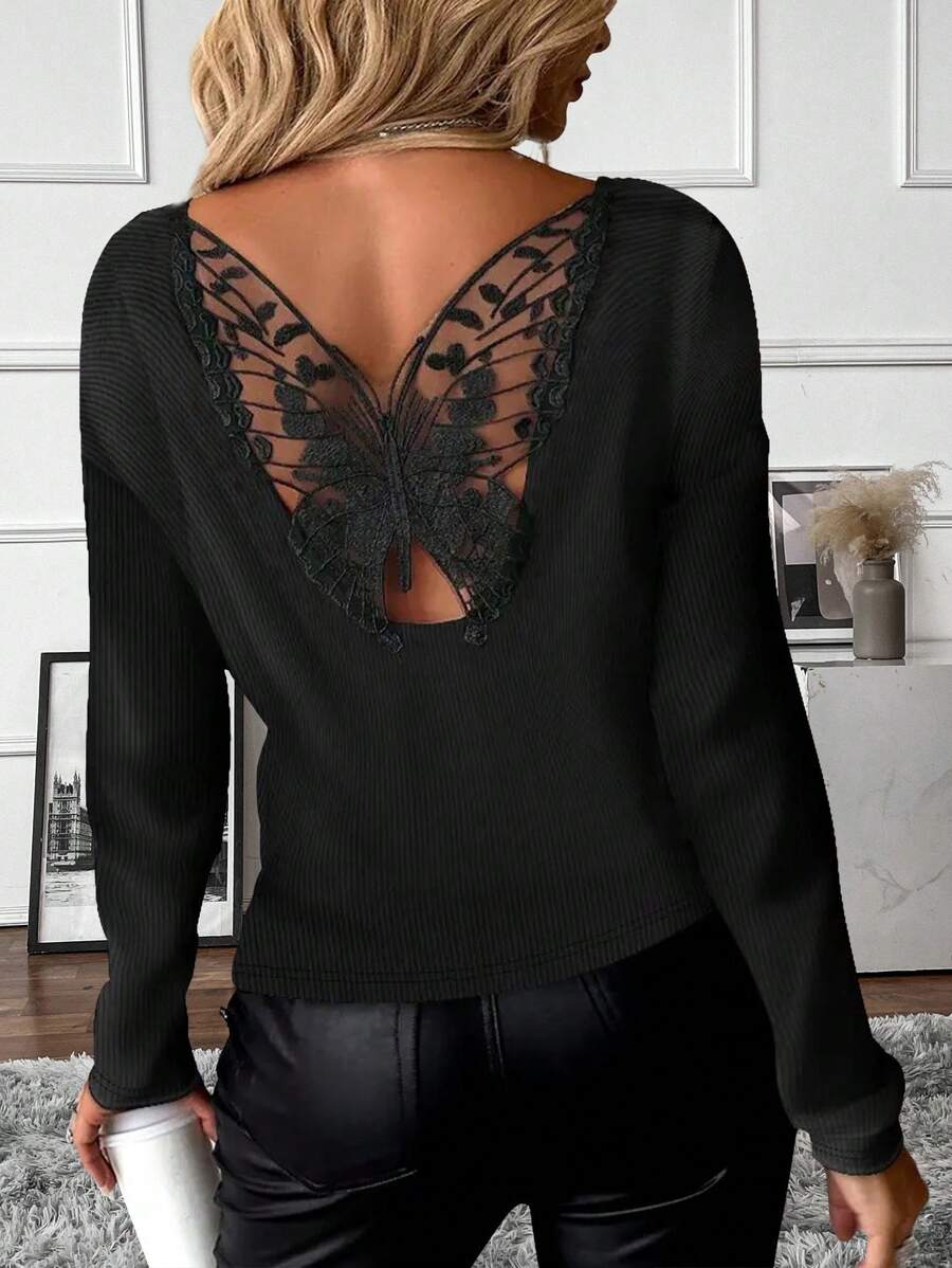 SHEIN Clasi Women's Contrast Lace Long Sleeve T-Shirt, Ribbed Tee For Spring Fall For Women - Black - View 1
