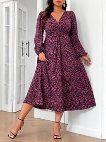 SHEIN Frenchy Abito casual floreale con maniche a lanterna, taglia curvy, adatto per la primavera e l'autunno, abiti da donna eleganti per l'estate