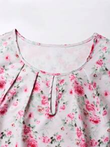 EMERY ROSE Women's Round Neck Floral Print Pleated Summer Blouse,Short Sleeve Tops - Multicolor - View 4