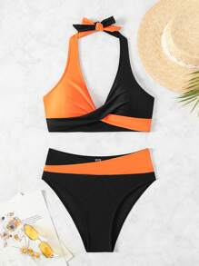 SHEIN Swim Women 2pcs Orange And Black Colorblock Bikini Set, Bathing Suit Summer - Multicolor - View 4