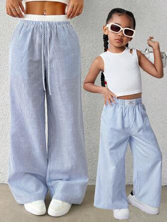 SHEIN SLAYR KIDS Young Girl Casual Striped Plaid Letter Patched Detail Wide-Leg Straight Pants,Mom And Daughter Matching,Preppy,Great For Casual & Daily Wear & School Daily In Summer & Autumn