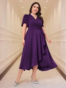 Modelyn Plus Size Elegant Solid Color Petal Sleeve Wrap Dress Long Evening Dresses - Purple - View 6