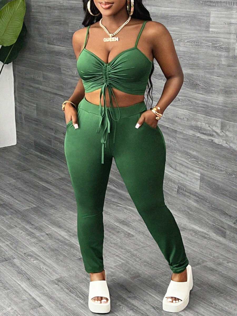 Slaydiva Casual Military Green Drawstring Front Crop Top And Skinny Pants Set - Army Green - View 1