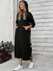 EMERY ROSE Women Floral Print Drop Shoulder Long Sleeve Pocket Hoodie Dress, Spring & Fall