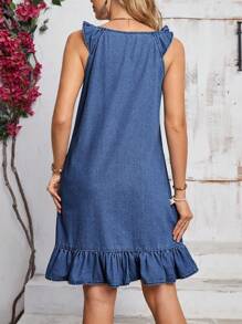 EMERY ROSE 女式夏季盖袖荷叶边下摆口袋宽松休闲牛仔连衣裙