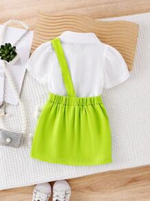 SHEIN Baby Girl Set - White Short Sleeve T-Shirt + Stylish Suspender Skirt - Green - View 2