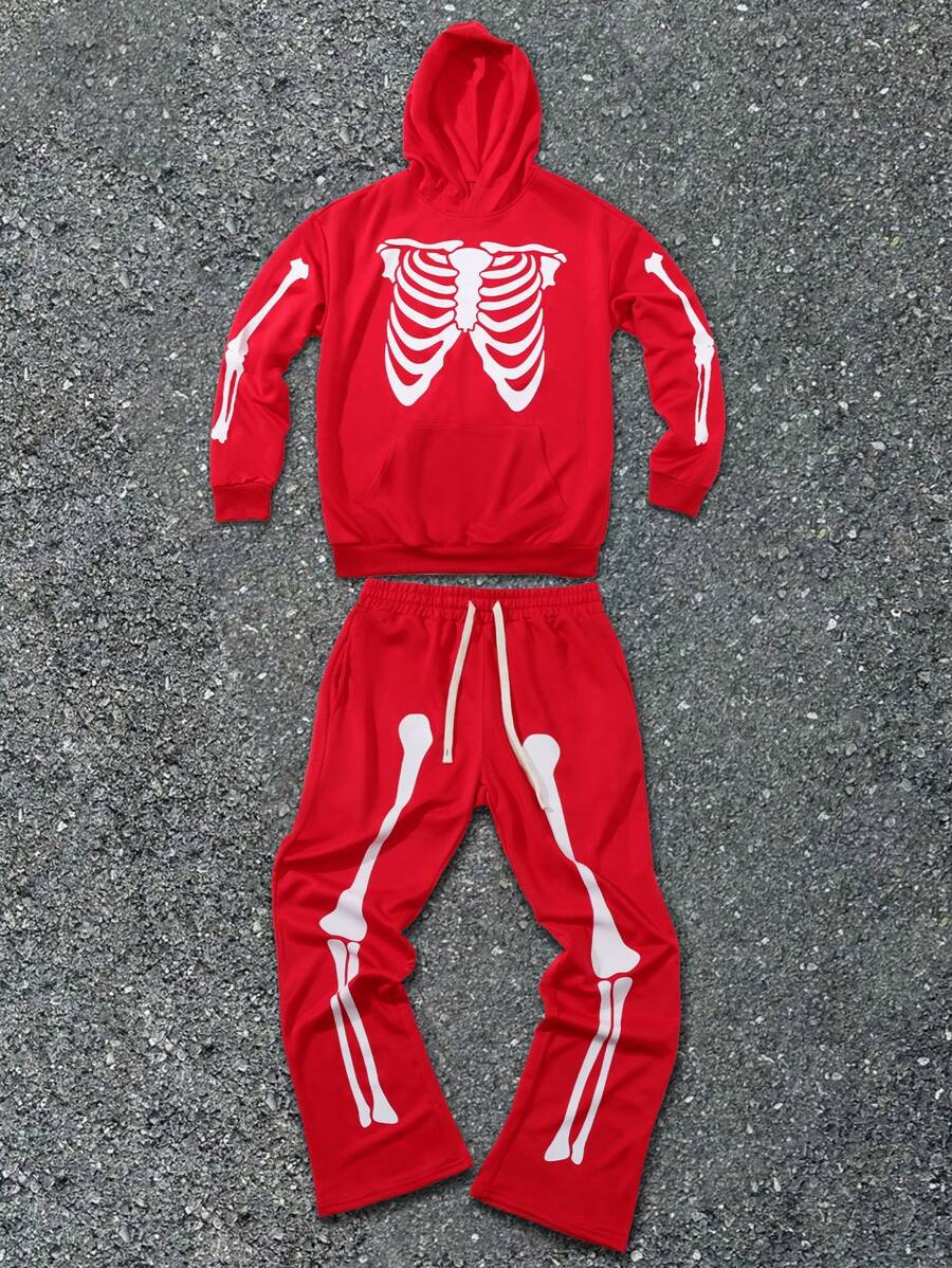 Manfinity Roghcode Manfinity Streetrush 街头风格连帽运动衫，带骷髅印花、领带和口袋长袖上衣和抽绳慢跑裤休闲装，万圣节服装 - 紅色 - 查看 1