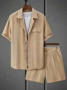 Manfinity Homme Camisa de botones sólida para hombre y pantalones cortos sin camiseta - Caqui - Ver 1