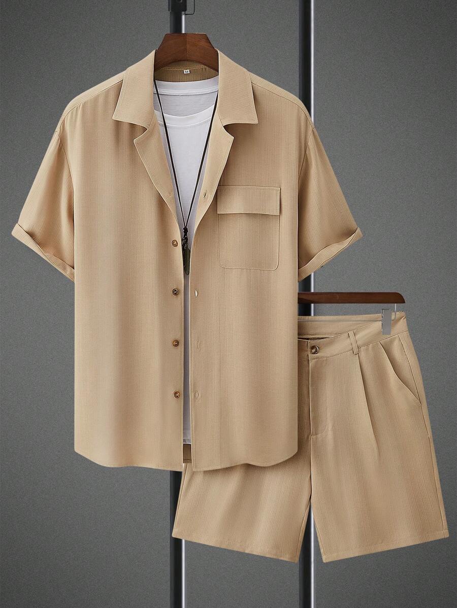 Manfinity Homme Camisa de botones sólida para hombre y pantalones cortos sin camiseta - Caqui - Ver 1