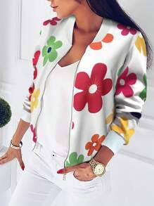 EMERY ROSE Casual Flower Print Baseball Collar Jacket Fall Winter Cloth For Women - Multicolor - View 3