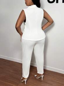 Slaydiva Plus Size Suit Vest & Long Pants Solid Color Two Pieces Set - White - View 3