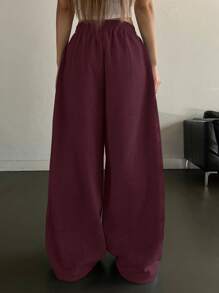 DAZY 女士抽绳腰部口袋宽松阔腿休闲运动裤 - 酒紅色 - 查看 2