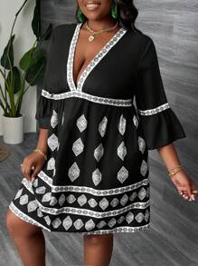 Slaydiva Robe mini grande taille pour femmes avec col en V, manches 3/4, volants à l'ourlet, coupe décontractée, imprimé géométrique, pour vacances, sexy et décontracté, printemps et été