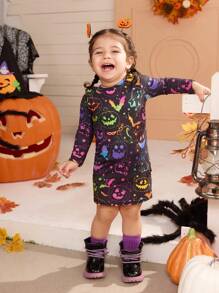 SHEIN Babymeisjes schattige gebreide stretch cartoon graffiti patroon jurk met lange mouwen, Halloween