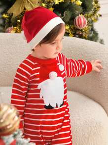 SHEIN 2 件套男婴休闲圣诞圣诞老人刺绣绒球连体衣带帽子，适合圣诞节、秋冬季 - 紅色 - 查看 4