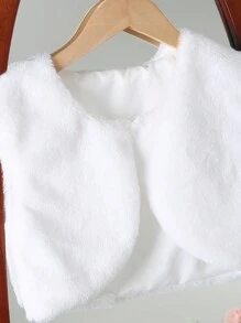 SHEIN 2 件女童优雅圆领无袖收腰网眼连衣裙和毛茸茸背心套装