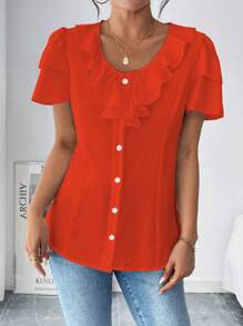 Chiquease Women's Solid Color Front Button Ruffle Trim Casual Short Sleeve Blouse - Orange - View 6