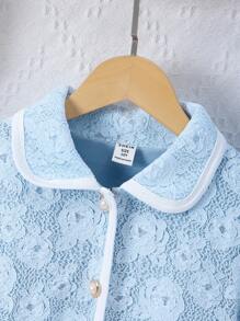 SHEIN Tween Girl Contrast Trim Button Front Casual Solid Collar Long Sleeve Jacket - Blue - View 7