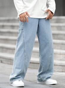 Manfinity EZcore 男士简约纯色日常穿着超宽腿宽松牛仔裤，纯色长款水洗宽松浅蓝色工装牛仔裤，适合丈夫、男朋友的礼物 - 淺色水洗藍 - 查看 3
