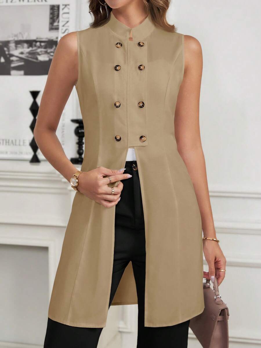 SHEIN Clasi 纯色立领、双排扣、无袖、超长、开衩衬衫