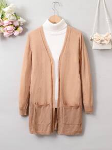SHEIN 少女针织开衫，黑色。这款宽松、编织独特的开衫展示了一种特殊的纹理设计，散发出时尚而独特的个人风格。 - 卡其色 - 查看 1