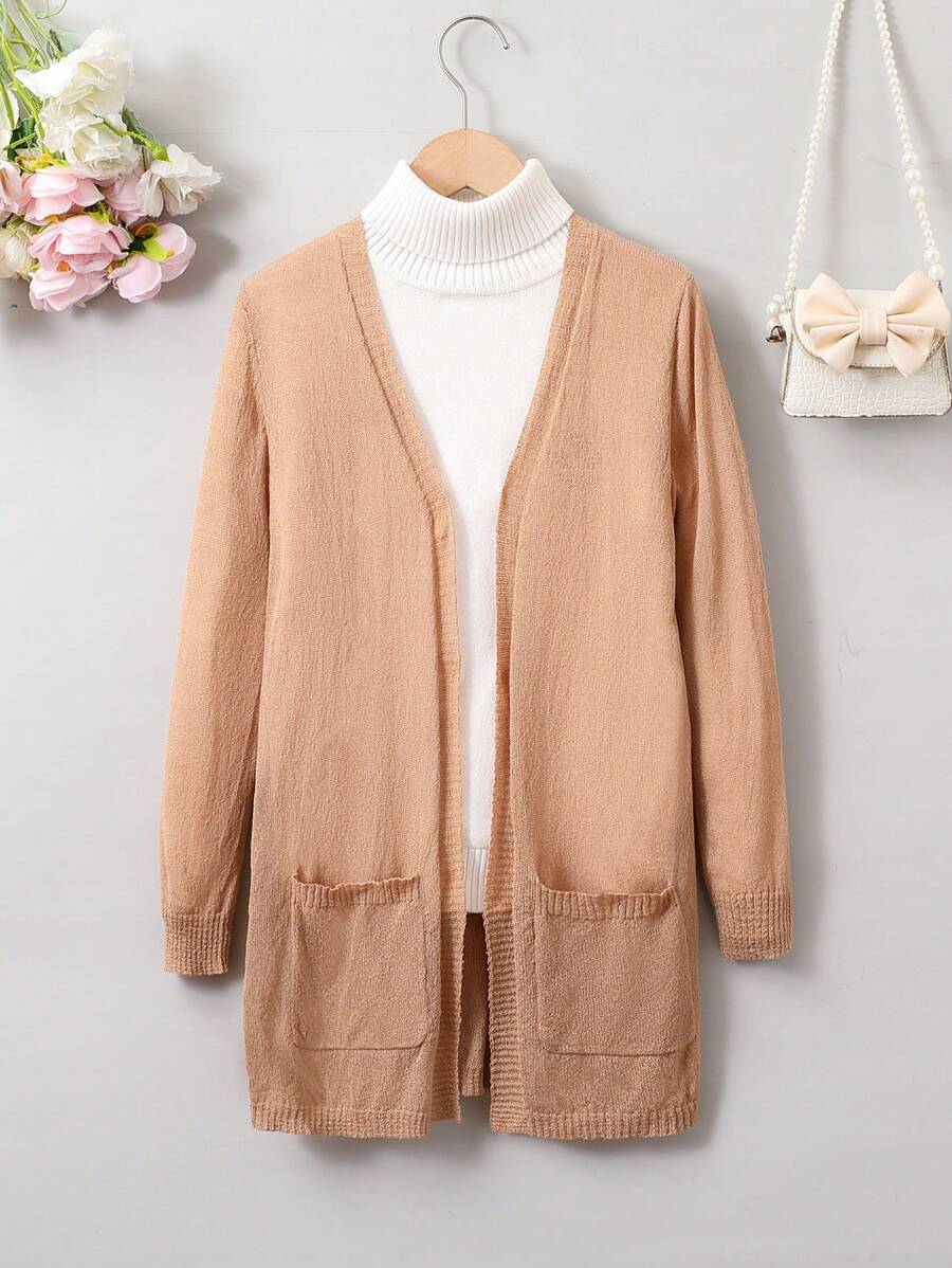 SHEIN 少女针织开衫,黑色。这款宽松、编织独特的开衫展示了一种特殊的纹理设计,散发出时尚而独特的个人风格。 - 卡其色 - 查看 1