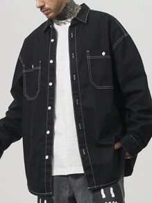 GALLERY FADE 男式黑色水洗牛仔撞色修边宽松落肩宽松衬衫 - 黑色 - 查看 3