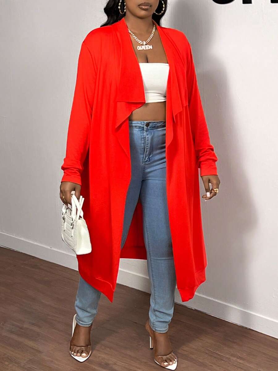 Slaydiva Casual Women Plus Size Solid Color Orange Loose Long Sleeve Cardigan - Orange - View 1