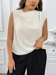 SHEIN Privé Camisa plisada color albaricoque con escote amplio y chaleco para mujer talla grande, nueva blusa casual/de fiesta - Albaricoque - Ver 7