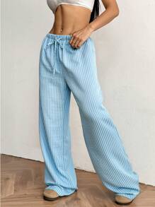 SHEIN EZwear 女士条纹休闲阔腿宽松抽绳腰裤 - 藍色 - 查看 3