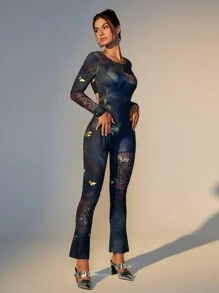 SHEIN Unity Women's Fall Sexy Butterfly Printed Open Back Jumpsuit - Multicolor - View 4