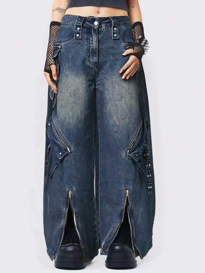 Grunge Punk Damen Denim mit weitem Bein, schwerer Handwerksqualität, mit drei-dimensionalen Taschen und Punk-Metall Verzierungen, für die Schule