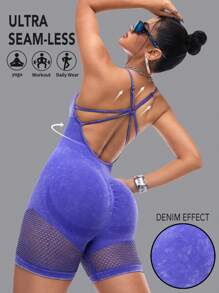 Innovista 女士洗涤效果和网状结构高弹力超无缝运动连体裤，收腹提臀连体短裤，外出连体裤，紫罗兰紫色连体裤，女士连体裤，连体裤