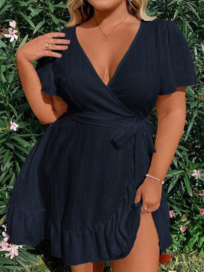 Flirla 大码女式纯色简约日常装深 V 领短袖连衣裙度假海滩装