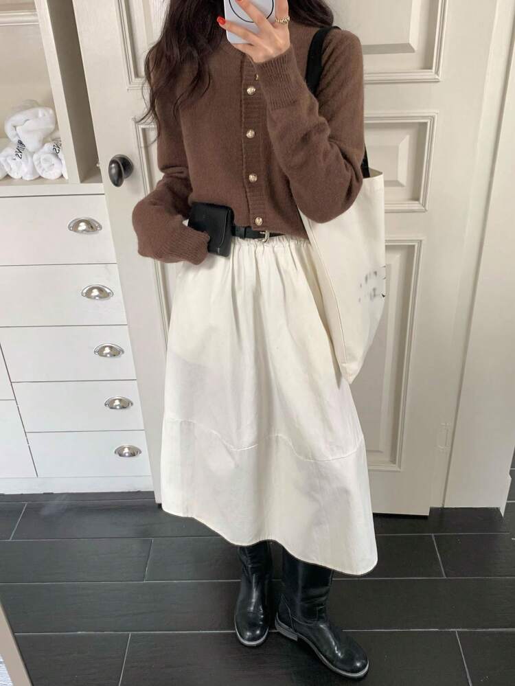 Women's Solid Color Crew Neck Front Button Long Sleeve Knitted Cardigan, Fall Clothes,Ladies Spring/Fall Casual Button Regular Sleeve Round Neck Regular Fit Brown Plain Women Cardigans,Casual Daily Wear,Long Sleeve Tops