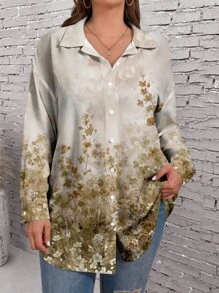 EMERY ROSE Plus Size Women Casual Vintage Floral Pattern Long Sleeve Turndown Collar Long Cardigan, Suitable For Autumn - Camel - View 1