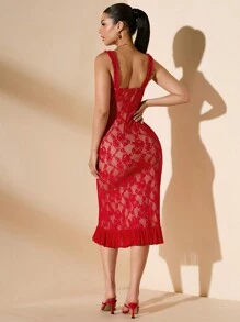 SHEIN BAE Women's Sexy & Elegant Crew Neck Bodycon See-Through Lace Dress