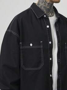 GALLERY FADE 男式黑色水洗牛仔撞色修边宽松落肩宽松衬衫 - 黑色 - 查看 4