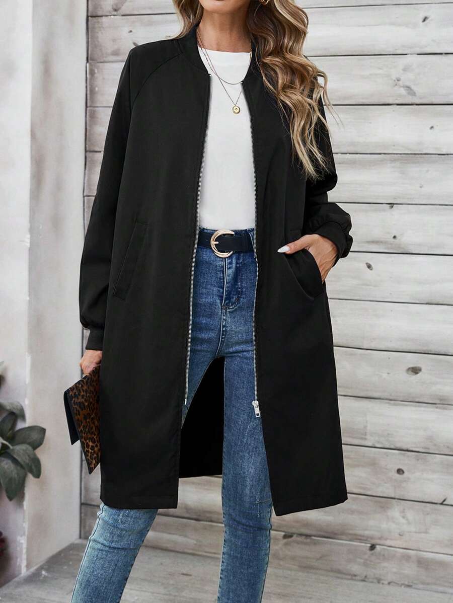 EMERY ROSE Women's Solid Color Long Sleeve Pocket Long Casual Baseball Collar Regular Jacket, Spring Autumn