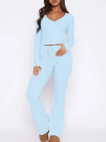 INAWLY 2pcs Women's Solid Color Simple Crew Neck Long Sleeve Top And Pants Set ,2 Pieces Set Blue Fall Cloth For Women - Baby Blue - View 3