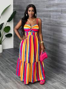 Slaydiva 度假优雅无袖镂空胸背镂空修身上衣宽松多层拼布彩色条纹图案连衣裙女春夏