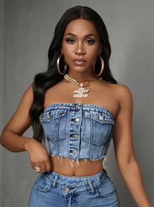 Slaydiva Summer Casual Front Button Cropped Camisole Denim Top - Medium Wash - View 6