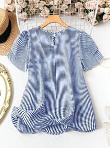 DreamSkyne Plus Size Women's Checkered Round Neck Ruffle Short Sleeve Loose Shirt, Summer - Blue - View 2