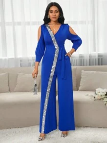 SHEIN Lady Bộ áo liền quần tay phồng 2 trong 1 thanh lịch đầy màu sắc thời trang dành cho nữ - Màu xanh lam - Xem 4